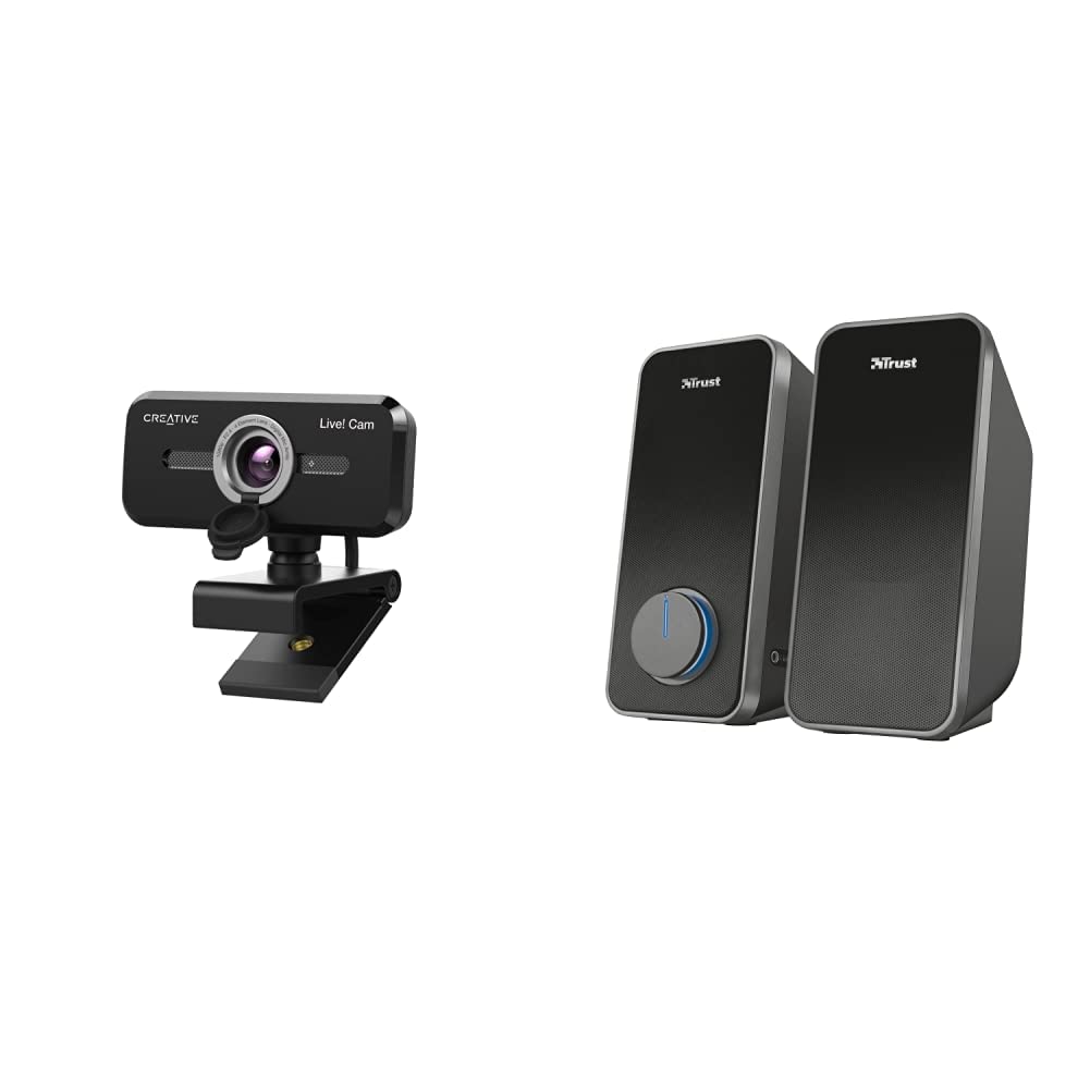 CREATIVE Live! Cam Sync 1080p V2 Full HD Webcam USB grandangolare con disattivazione automatica dell'audio e riduzione del rumore & Trust Arys Casse PC 2.0 Set Altoparlanti Stereo, 28 W, Nero