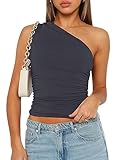 AKLOPVII Women One Shoulder Ruched Crop Tank Tops Slim Fit Sleeveless Asymmetrical Y2k Going Out Trendy Top Workout Teen (US, Alpha, Medium, Regular, Regular, Dgray)