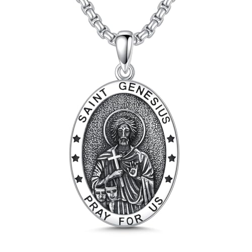 Seiyang St Genesius Necklace for Men 925 Sterling Silver Saint Genesius Pendant Medal Protection Jewelry Religious Gifts for Men
