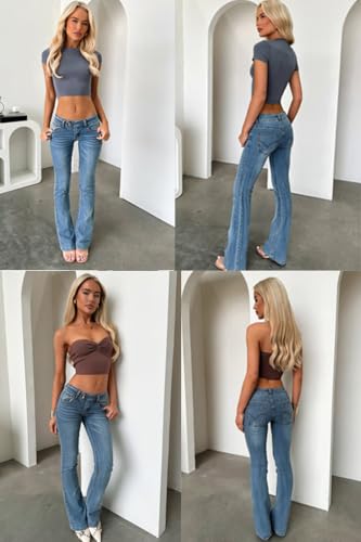 Women's Stretch Low Rise Double Button Elastic Skinny Vintage Flare Jeans2