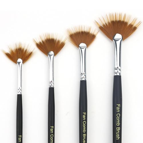 GACDR Fan Grainer Brush for Painting 4PCS Professional Comb Brushes for Fur Hair Wood Grain Grass Feathers & Textures Works with Watercolor Acrylic Oil for Artists & Beginners Short Handle