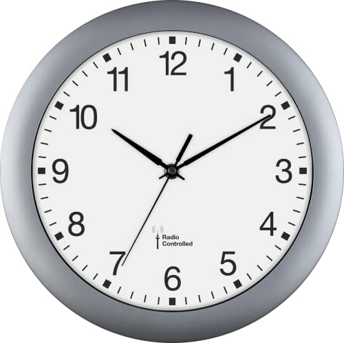 EUROTIME Radio Controlled Wall Clock, 30 cm, Plastic Case, Curved Real Glass, Automatic Time and Time Conversion from Summer and Winter Time, Wall Clock for Kitchen and Living Area, Silver, 56780-07
