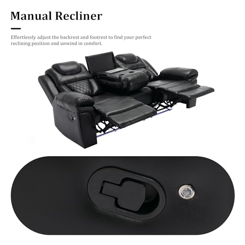 Leather Reclining Sofa Set,Home Theater Seating with Center Console,Flipped Middle Backrest,and LED Light Strip,3 Seater for Living Room,Office,Home Theater,RV (Black)