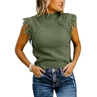 Saodimallsu Womens Sleeveless Sweater Vest Mock Neck Cable Knit Fringe Cap Sleeve Boho Trendy Pullover Tank Tops Army Green