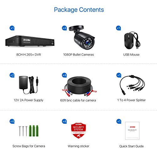 Zosi H.265+1080P Home Security Camera System,8 Channel 5Mp-Lite Cctv Dvr With 4 X 1920Tvl Weatherproof Surveillance Bullet Camera Outdoor/Indoor With 80Ft Night Vision,Remote Access, Motion Alerts #TOP1