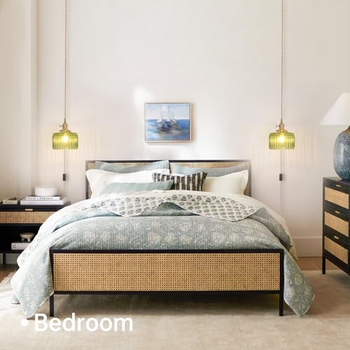 Image of Shenmoyl Plug in Pendant Light Hanging Light Fixtures with Plugin Cord On /Off Switch,Green Striped Glass Lampshade Brass Pendant Light