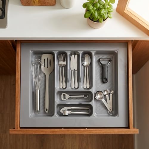 Image of SmartSlide 700 MM PVC Cutlery Tray For Kitchen Drawer Modular Kitchen Tandem Drawer Organizer | Adjustable Width & Depth | Grey Non-Slip Surface (700 x 535 MM)