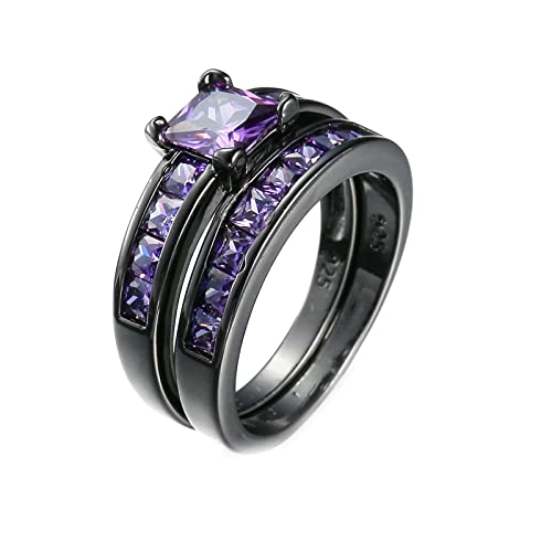 Lieson Bagues Femme, Anneau Femme Plaque Or Noir Bague en Zircon Violet Carré Ensemble De Deux Bague Anciennes Bagues Femme Taille 56.5 Cover