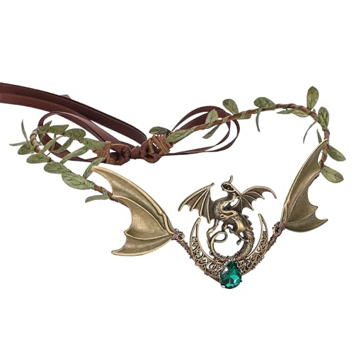 PartyforU Couronne de fleurs elfe avec dragon et lune pour cosplay, coiffe elfique en bronze pour costume de fée Renaissance pour femme