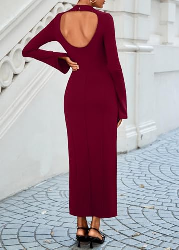 Lazysmile Fall Dresses for Women Long Sleeve Mock Neck Buckle Back Backless Bodycon Split Party Cocktail Wedding Guest Dress Wine Red — view 2