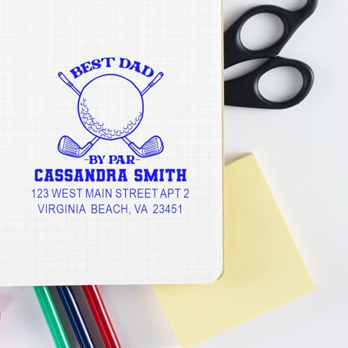 Image of Custom Made Slim Pre Inked Address Stamp Golfing Dad Tribute - Craft Stamp | Choice of 5 ink colors. Slim Stamp Made to Order. Golf Player Stamp. 3 lines of custom text. Oil-based ink. Stores flat.