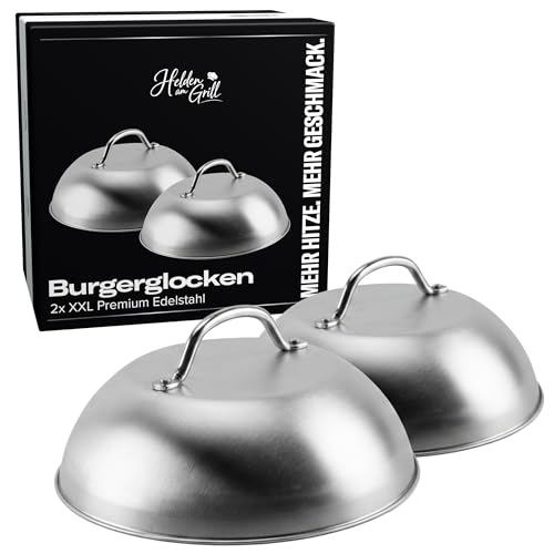 Helden am Grill Burgerglocke XXL 2er Set Edelstahl Käseschmelzglocke Burger Dome für perfekt schmelzenden Käse Ø 22 7 cm Smash Burger Glocke Steakglocke Warmhalteglocke