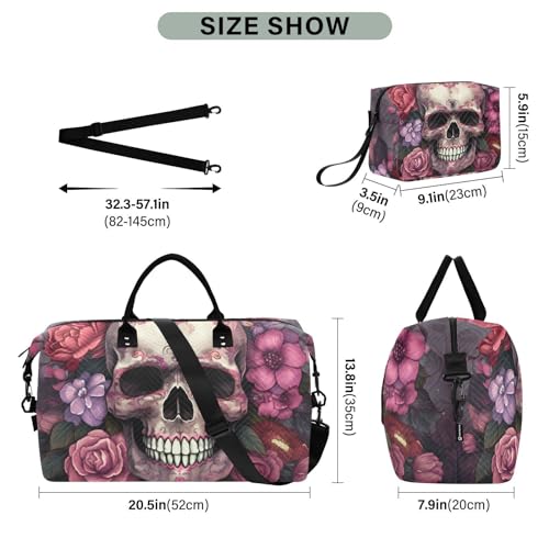 Large Travel Duffel Bag, Purple Floral and Skull Sports Tote Gym Bag, Shoulder Weekender Overnight Bag for Women Men, Carry On Luggage with Toiletry Bags3