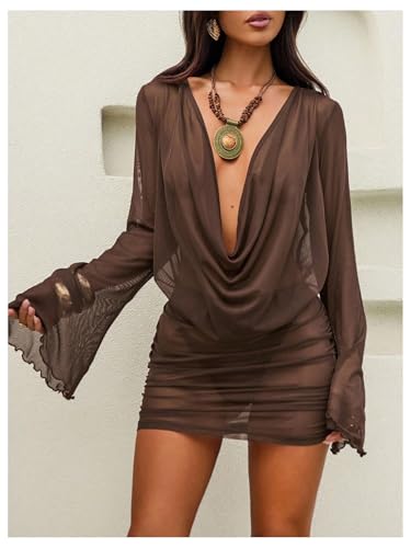 MakeMeChic Women's Mesh Sheer Fall Wedding Guest Dress Long Sleeve Cowl Neck Mini Dress4