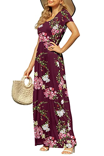 Db Moon Women's Casual Maxi Dresses Short Sleeve Empire Waist Long Dress For Beach With Pockets(Flower Burgundy, M) #TOP1