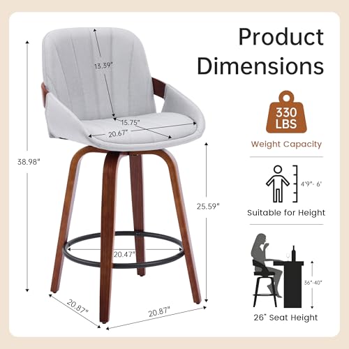 Butacos giratorios de bar de 26 pulgadas, juego de 6, color gris, asiento tapizado en tela de lino, patas de madera de nogal, estilo moderno para isla de cocina o barra miniatura 2