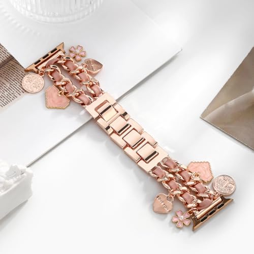 Bracelet Band with Cute Charm Compatible for Apple Watch 38mm 40mm 41mm 42mm (S11/10) Women, Cuban Chain Strap for iWatch Series 11 10 9 8 7 6 5 4 3 2 SE, Pink&Rose Gold - image 8