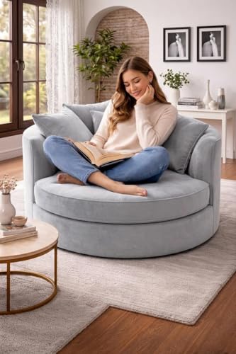 Image of SOFALIZE - Modern Barrel Accent with Pillows Round Sofa Modern Combines Contemporary Design Oversize Arm Chair Cozy Club Chair for Bedroom, Living Room, Lounge, Hotel & Office Hallways Sofa (Grey)