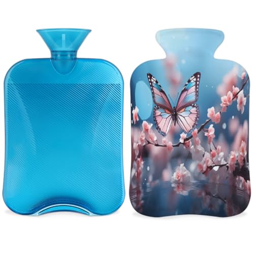 Bolsa de agua caliente Cherry Blossom Butterfly con funda, bolsa de agua caliente de 2 litros para aliviar el dolor, cuello y hombros, calentador de manos y pies