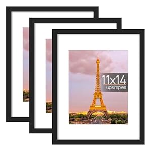 upsimples 11×14 Picture Frame Set of 3, Made of High Definition Glass for 8×10 with Mat or 11×14 Without Mat, Wall and Tabletop Display Photo Frames, Black