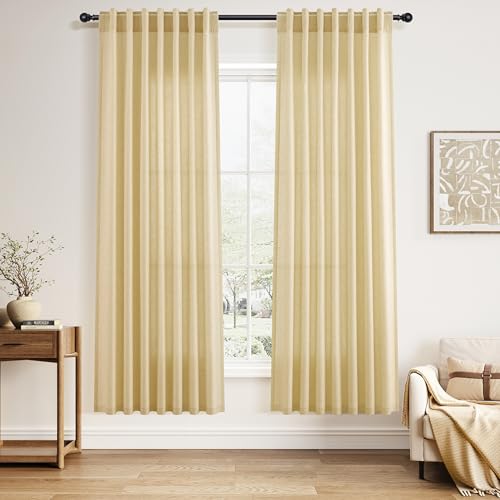 Image of Nanspring Cream Yellow Curtains for Living Room 72 Inches Linen Blend Light Filtering Modern Farmhouse Semi Sheer Curtains Back Tab Privacy Neutral Curtain for Bedroom Office 52x72, 2 Panels