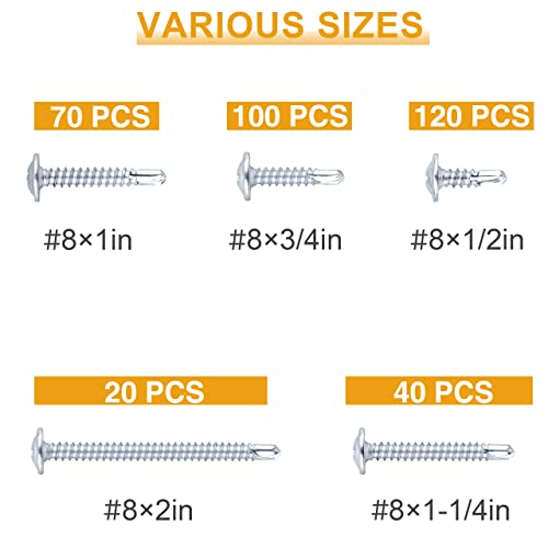 Kurui Self Tapping Screws For Metal Assortment Kit, 350Pcs #8 Galvanized Phillips Sheet Metal Screws, Carbon Steel Truss Head Self Drilling Screws For Metal In 5 Sizes (1/2, 3/4, 1-1/4, 1In, 2In) #TOP1