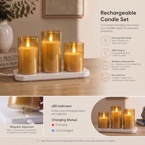 Image of Homemory Amber Rechargeable Flameless Candles with Remote Timer, Set of 3
