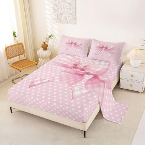 Homemissing Bonito juego de sábanas con lazo rosa claro, tamaño King, diseño de lunares, decoración de dormitorio para niños, niñas y mujeres, lazo de princesa, 4 piezas con sábana bajera ajustable de