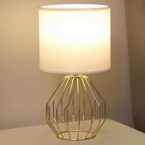 KRASTY Brass Gold Table Lamp, Small Bedside Nightstand Lamp with White Fabric Shade, Metal Base Modern Geometric Desk Lamp for Bedrooms Living Room Office Kids Room
