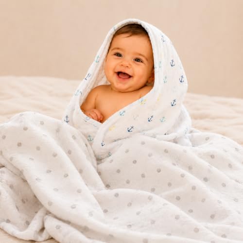 Image of Organic Cotton Muslin Pack of 2 Baby Bath Towel Cotton Cloth Premium Baby Washable, Reusable, Absorbent, Extra Soft 120 X 120 Cm Anchor & Grey Dot