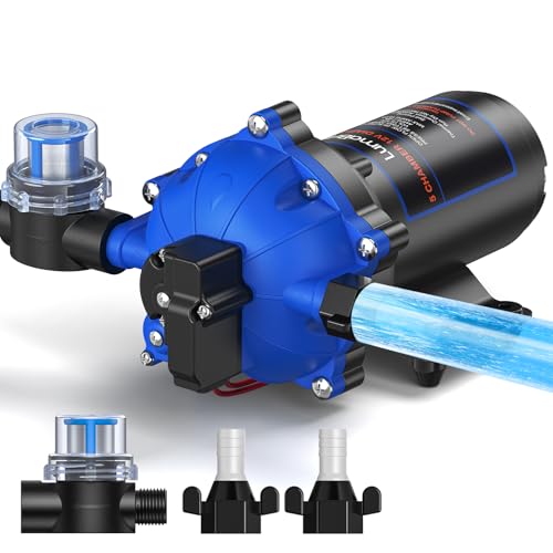 LumaBrite 12V DC Water Pump 7.0GPM 70PSI RV Fresh Caravan Water Pump Five Chamber Self-Priming Diaphragm Pump with Heavy Duty Pressure Switch and Strainer for RV Marine Yacht Caravan