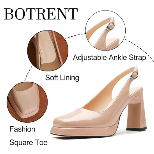 Women's Patent Leather Platform Chunky Heel Slingback Pumps Fashion Square Closed Toe Ankle Strap High Heel Mules Sandals for Party Dating Prom Dress Shoes3