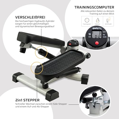 SportPlus 2-in-1 Mini-Stepper mit patentierter Umschalttechnik, Swing-Stepper und Auf-und-Ab-Steiger in einem Gerät, bis 100kg, verschleißfreie Hydraulik-Zylinder