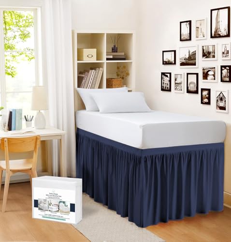 Bedszo Mania Navy Blue Solid Twin XL Dorm Bed Skirt, Ruffled Style, 39