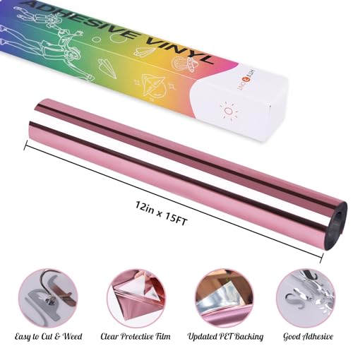 Image of HTVRONT Rose Gold Metallic Permanent Vinyl - 12 inch x 15FT Rose Gold Permanent Adhesive Vinyl for All Cutting Machine - Easy to Cut & Weed