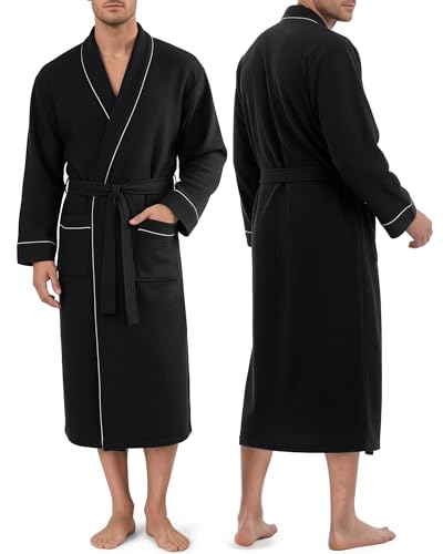 NY Threads Mens Waffle Robe Mid Length Lightweight Soft Knit Bathrobe Loungewear Sleepwear with Pockets, L/XL, Black