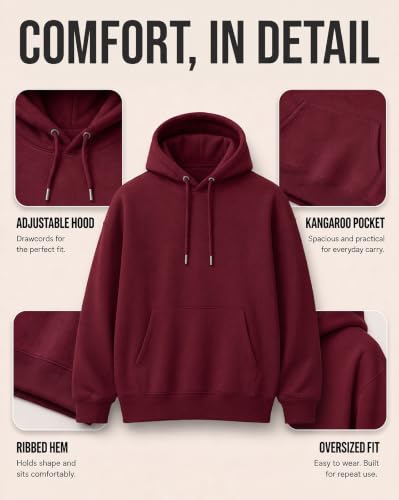 Image of Nobero Heavy Duty Oversized Solid Hoodie for Men | Hoodies for Men | Oversized Fit | Solid Colour | Thick Fleece Fabric | Drawstring Hood