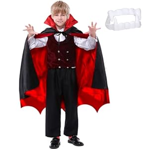 Meleager Vampir Kostüm Kinder, Halloween Umhang und Vampirzähne, Teufel Kostüm Jungen, Mädchen, Dracula Cape und Vampir Zähne für Halloween, Mardi Gras Party
