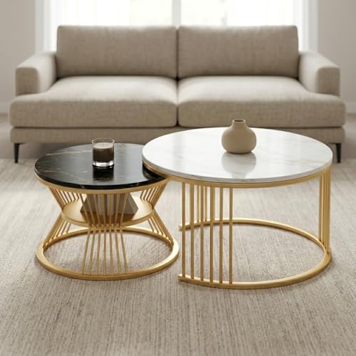 Image of Coffee Table, 20 inch Round Coffee Table Set of 2, Wooden Nesting Table with Metal Frame, Center Tables for Living Room Bedroom Balcony Bedside Table White