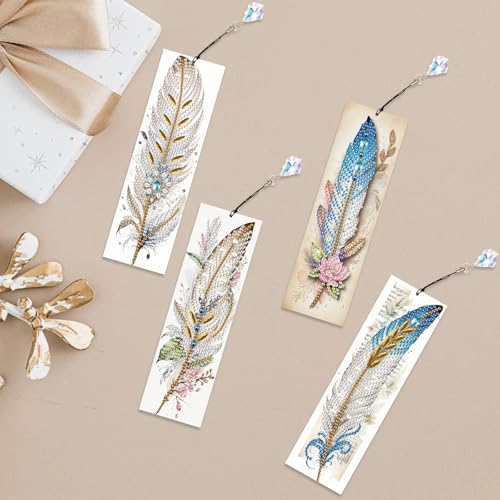 Image of 4-Piece 5D Diamond Painting Bookmarks Set, DIY Craft Kit with Rhinestones - Elegant Vintage Style Feather Design, Perfect for Book Lovers Adults, Unique Diamond Art Craft Bookmarks with Tassels