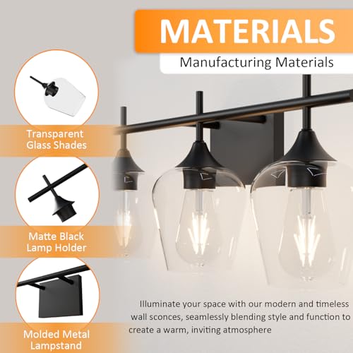 Image of Bathroom Vanity Light, 3-Light 21'' Bathroom Light Fixtures Over Mirror, Black Vanity Lights for Bathroom with Clear Glass, Modern Wall Lamp for Cabinet Hallway, Bedroom