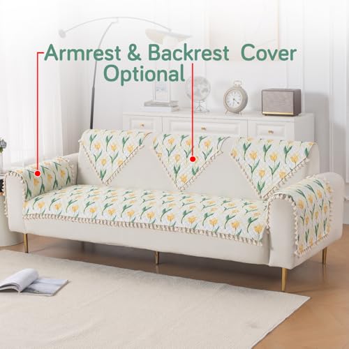 Image of HOKIPO Tulip Blossom Quilted Sofa Cover 5 Seater Set - Washable 3+1+1 Sofa Cover Mat with Tassel Design | 'Tassel Twigs' Series (IN-985-T4 + IN-982-T4*2)