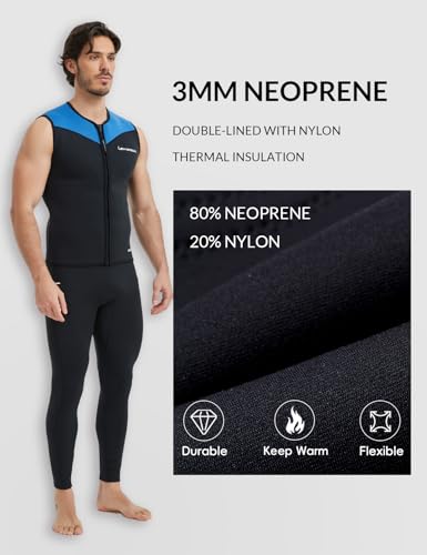 Lemorecn Wetsuit Top Men, 3mm Sleeveless Neoprene Wet Suit Tops Jacket Front Zip Diving Vest for Water Sports(2095blue-L)