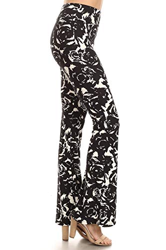 Leggings Depot PZA-R610-M Black Rose Print Palazzo Pants, Medium