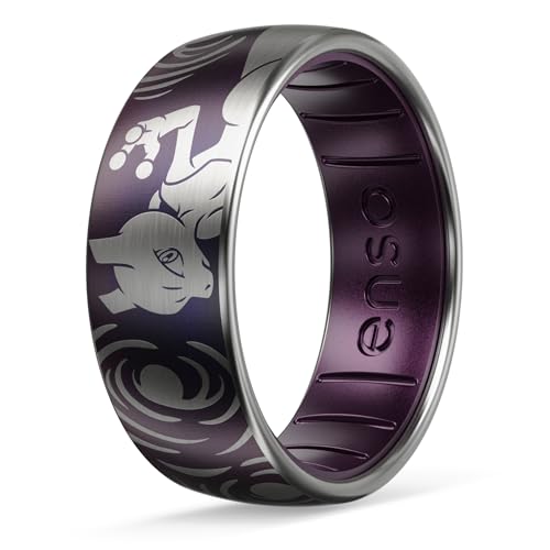Enso Rings x Pokemon Hybrid Ring Collection for Hands - Durable Brushed Outer Metal - Comfortable and Premium Inner Silicone - Mewtwo - Titanium 2-1/Siren - Size 6