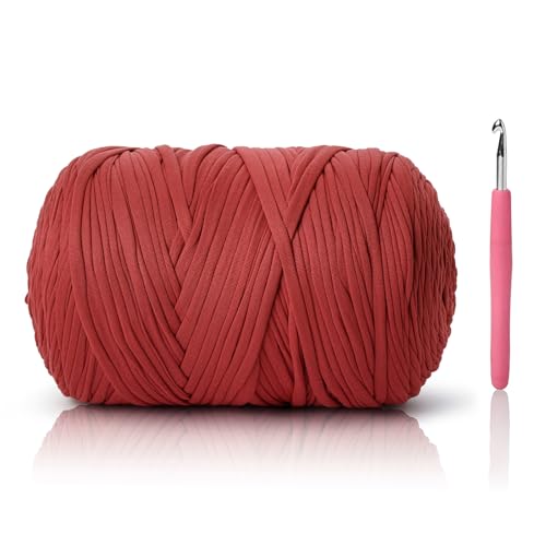 Image of 800G(228YDS) Tshirt Yarn for Crocheting,Chunky T-Shirt Yarn for Beginner Crochet Bags,Baskets,Coasters,Shoes,Clothes,DIY Crafts, Elastic Fabric Thick Hand Knitting Crochet Yarns (Ruby)