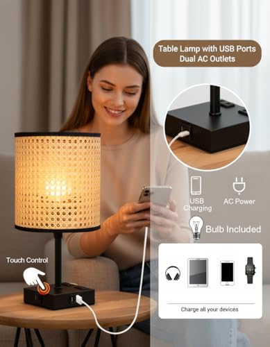 Image of Homesake Touch Table Lamp with USB A + Type C Charging Ports Dual AC Outlets, Touch Control, Medium Size, Bulb Included Night Stand, Bedside Desk Light Bedroom Living Room Office, (Cane Cylinder)
