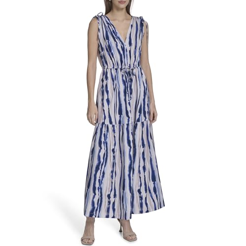 Calvin Klein Women's Sleeveless Tie Shoulder V-Neck Tiered Maxi Dress, Indigo Multi, 12