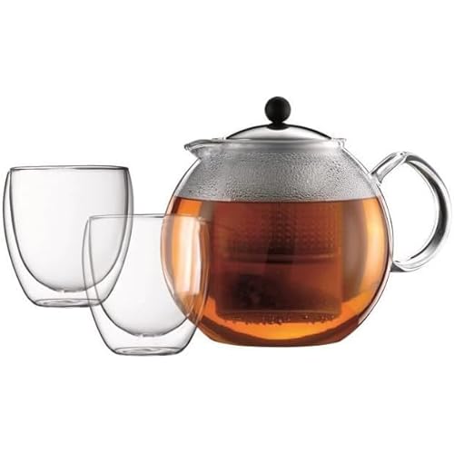 Bodum Assam Set with Double Wall Glasses Tea Press, 51 oz, Chrome