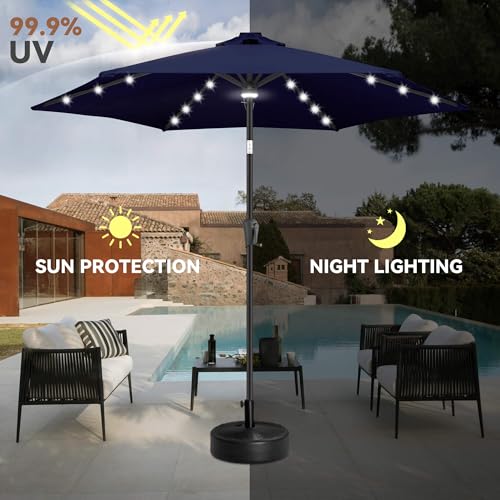 Image of 10ft Solar Patio Umbrella - Outdoor Umbrella with Centre Surround Light 24 LED Lights, Market Table Umbrella with Tilt for Pool, Porch, Garden, Deck, Backyard UV Protection (Navy Blue)
